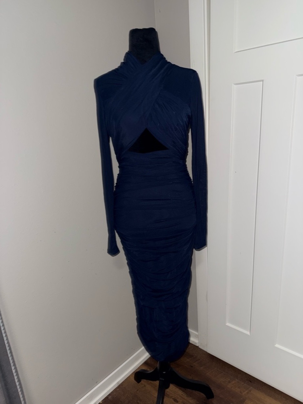 Bardot Aliyah Dress In Navy Small Bodycon Midi Long Sleeve Mesh Ruched Gown - Picture 4 of 6